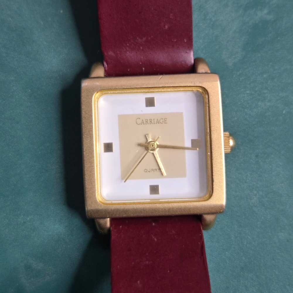 Carriage by Timex Women's Square Watch Gold Tone Burgundy Leather Quartz Working